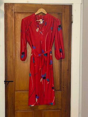 1980s Vintage Red Pattern Midi Dress